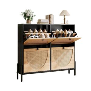 Black Rattan Flip Drawer Shoe Cabinet