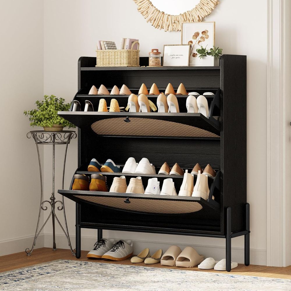 Slim Rattan Flip Drawer Shoe Cabinet - Image 4