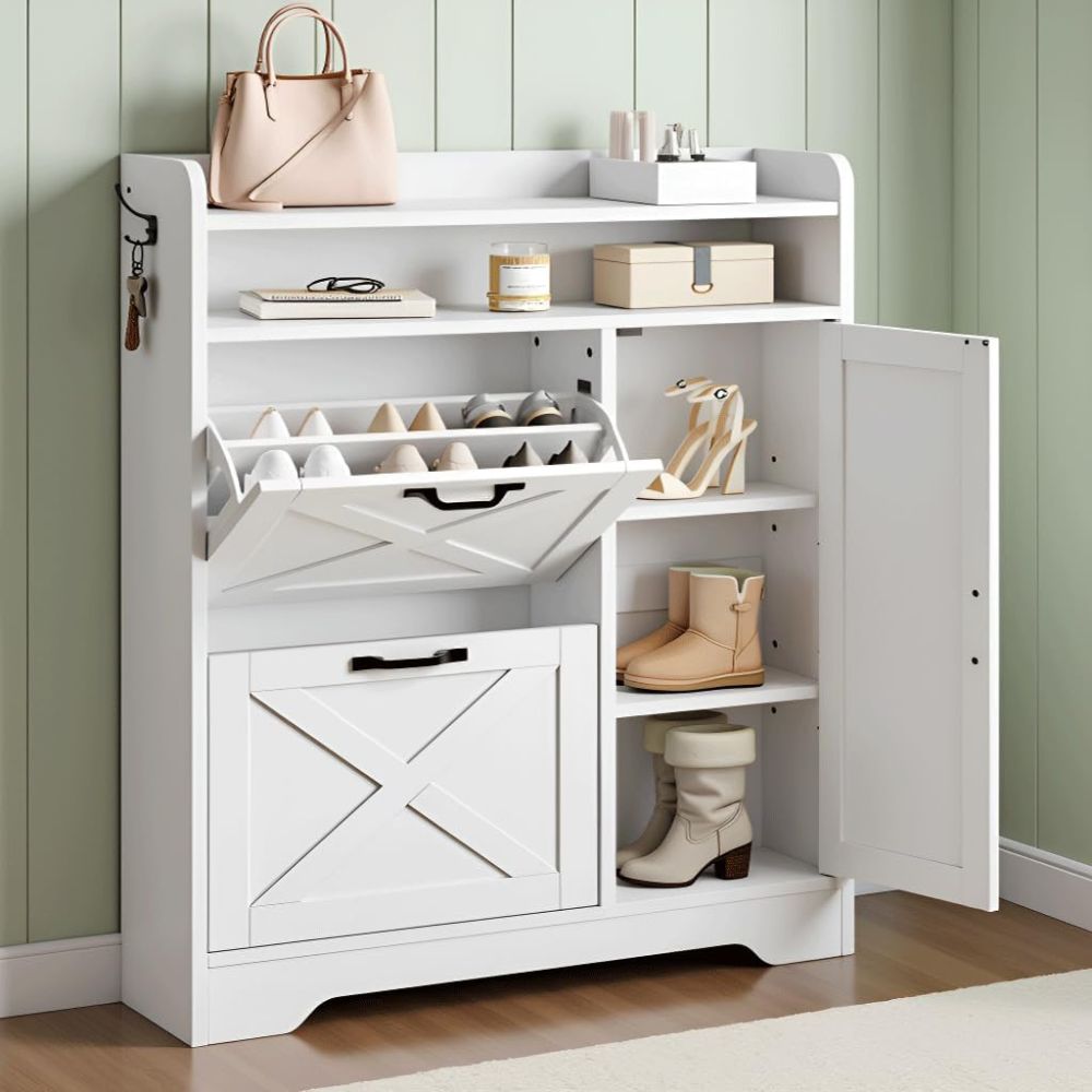 Slim Flip Shoe Cabinet with Drawer - Image 2