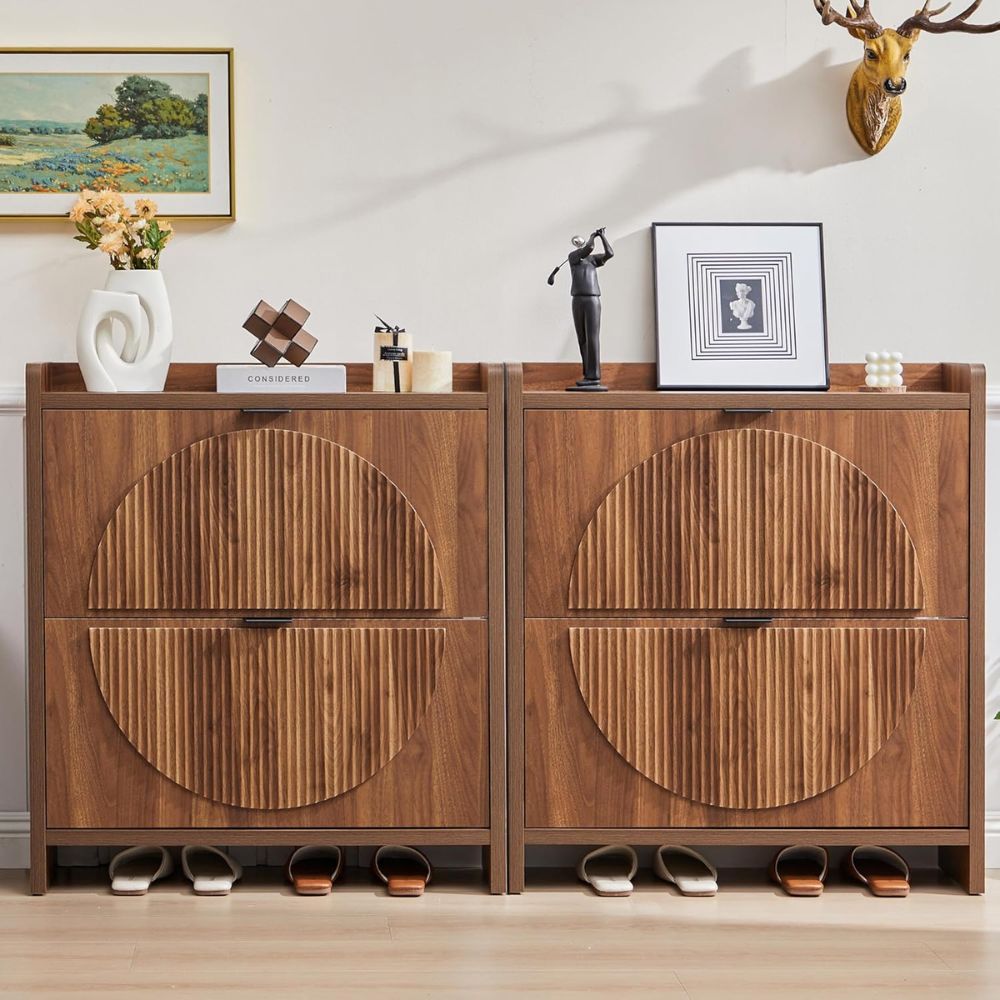 Walnut Slim Flip Drawer Shoe Cabinet - Image 4