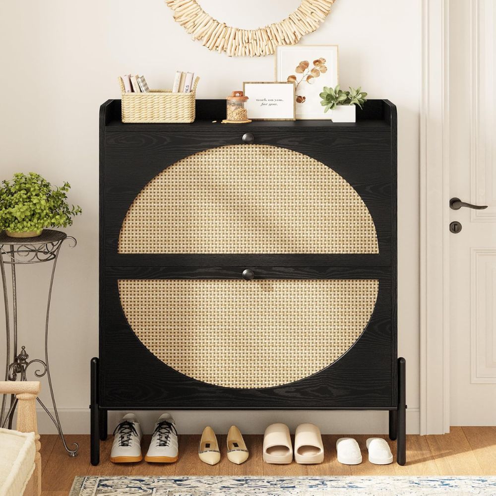 Slim Rattan Flip Drawer Shoe Cabinet - Image 3