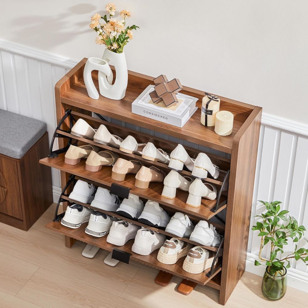 Walnut Slim Flip Drawer Shoe Cabinet - Image 3