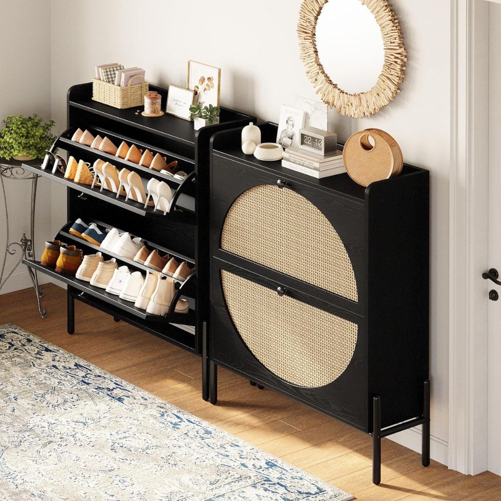 Slim Rattan Flip Drawer Shoe Cabinet - Image 2